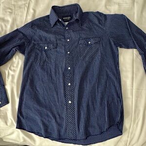 Wrangler Mens Navy Ranchcore Pearl Buttons Plaid Button Down Shirt Western Rodeo